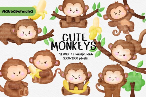 Download Watercolor Cute Monkey PNG Bundle - Bundle Collection